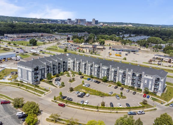 an aerial view of an apartment building in a parking lot at EastGate Apartments, Rochester, Minnesota