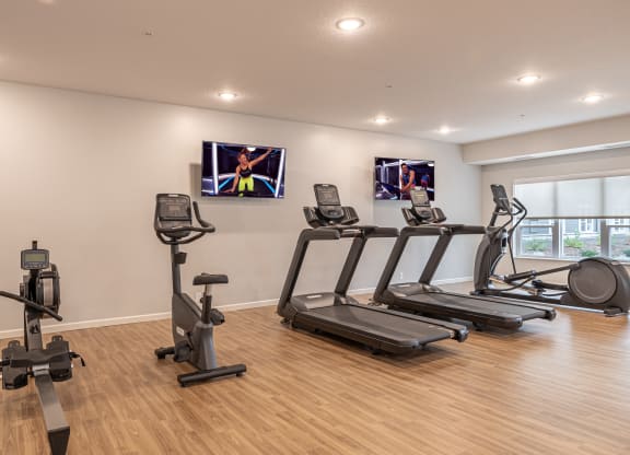 workout equipment with flat screen TV's