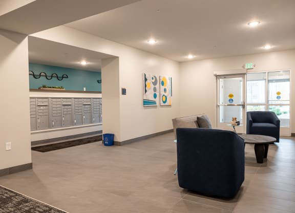 entryway overlooking mail room lockers