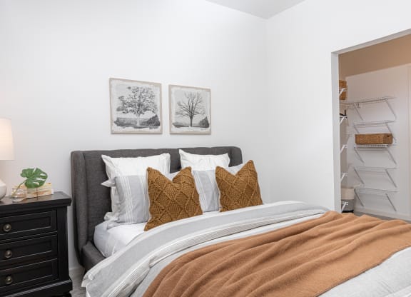a bedroom with a bed and a closet