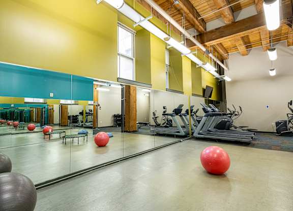 a gym with cardio equipment and exercise balls on the floor