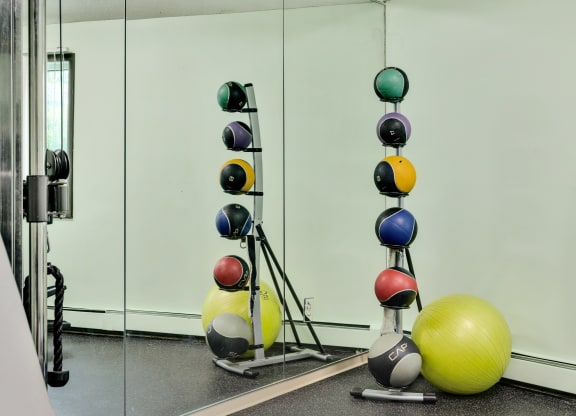 a group of spheres in a room with mirrors
