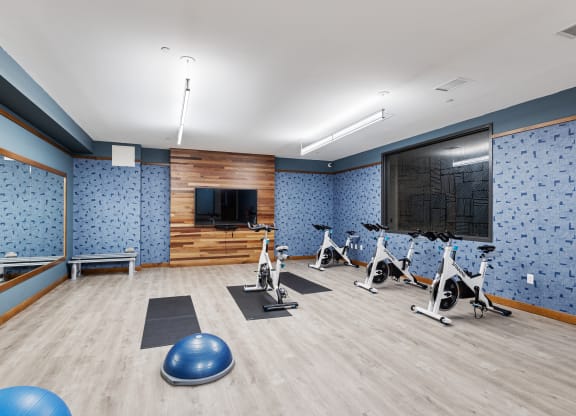 a gym with exercise equipment and a tv on the wall