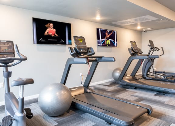 four treadmills and exercise balls in a gym with televisions on the wall at Technology Park Apartments, Rochester, MN