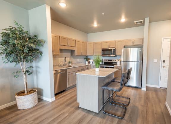 a kitchen with stainless steel appliances and a island with chairs at Technology Park Apartments, Rochester, MN