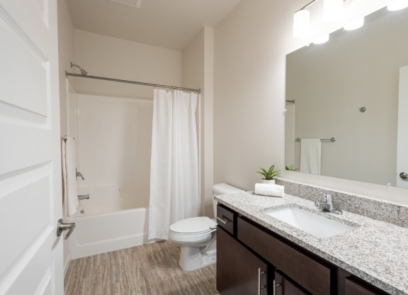 a bathroom with a sink toilet and shower and a mirror at Technology Park Apartments, Rochester, Minnesota