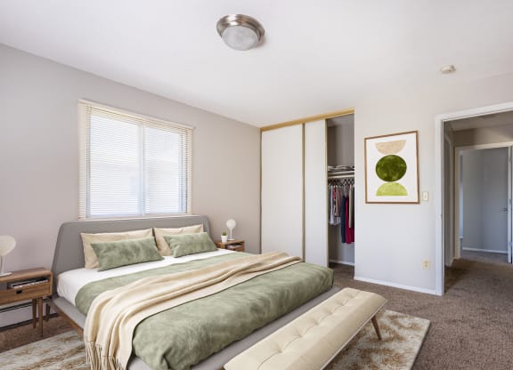 a bedroom with a bed and a closet