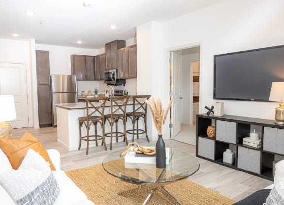 a living room with a kitchen with a bar and a television