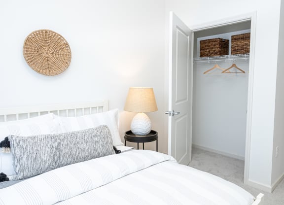 a bedroom with a bed and a closet with a white door