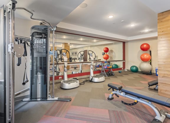 a gym with cardio equipment and weights on the floor at The Winslow 62+ Apartments, West St Paul, 55118