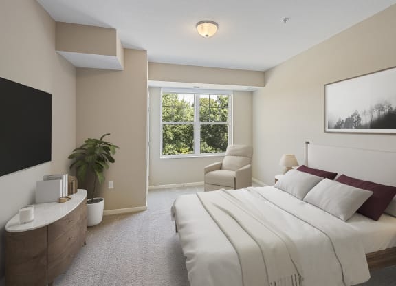 an image of a bedroom with a bed and a tv at The Winslow 62+ Apartments, West St Paul, MN, 55118