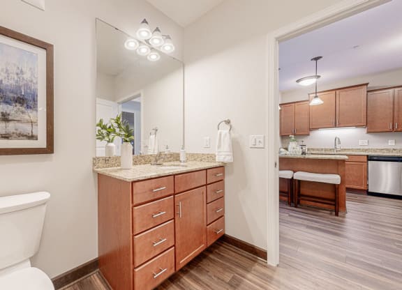 a bathroom with wooden cabinets and a toilet and a sink
