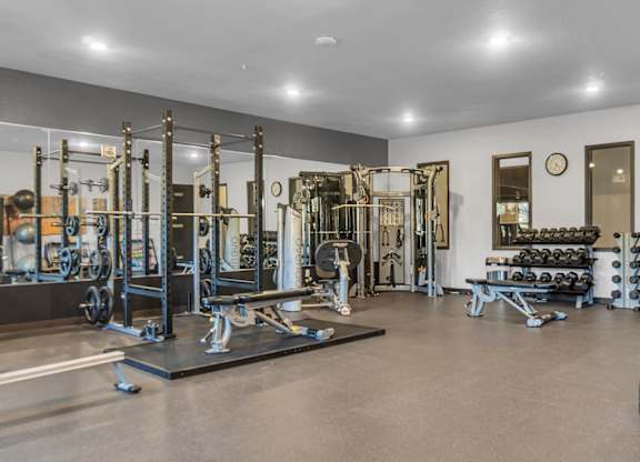 A spacious gym with a variety of equipment including a squat rack, bench press, and a punching bag.