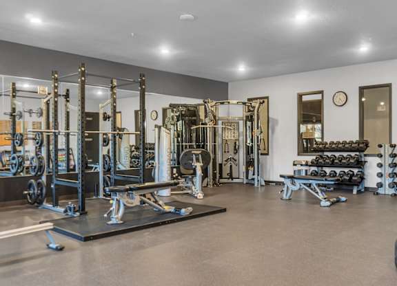 A gym with a variety of equipment including weights and weight machines.