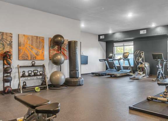 A gym with a variety of equipment including weights, a bench press, and a treadmill.