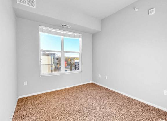 Empty room with brown carpet and a window showing a cityscape.