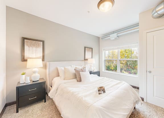 a bedroom with a large bed and a window