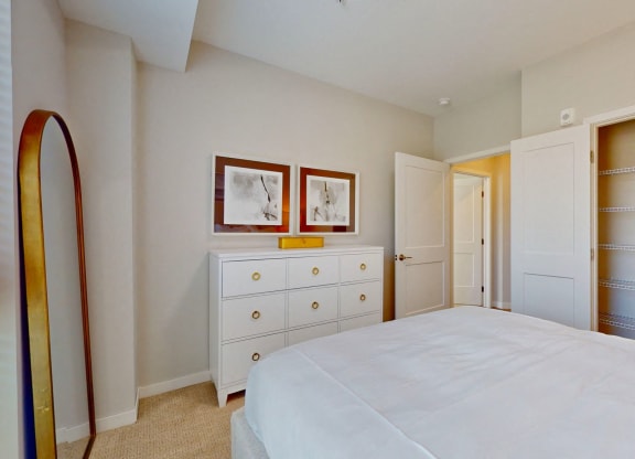 a bedroom with large bed and closet
