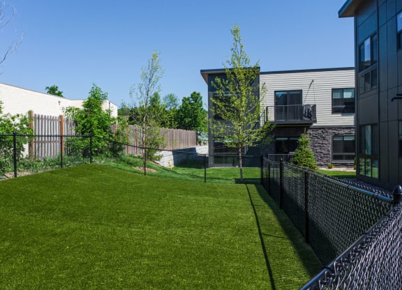 the yard is fenced in with green grass and trees