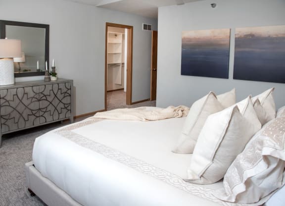 master bedroom with vaulted ceiling and california closet