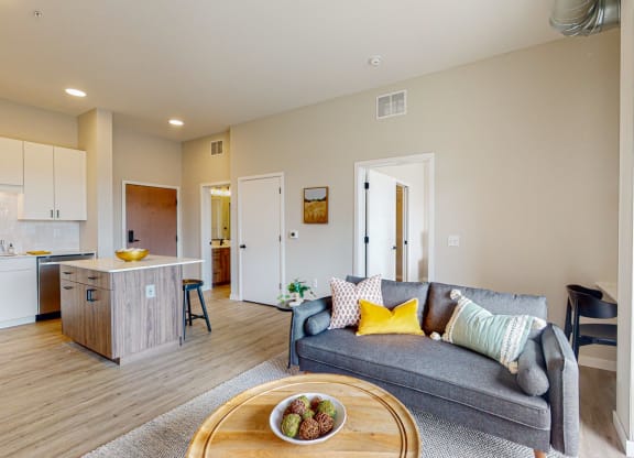 a living room with a couch and a coffee table