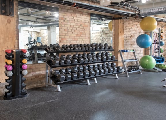 Fitness Center with Modern Equipment at 700 Central Apartments, Minneapolis, MN