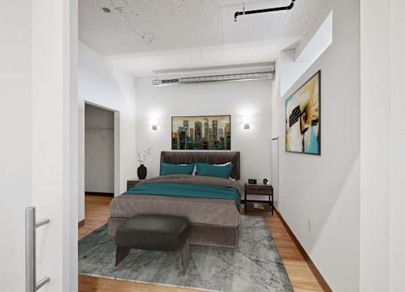 A bedroom with a bed, a bench, and a painting on the wall.
