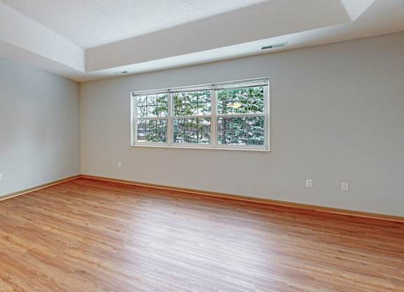A room with wooden flooring and a window with a view of trees.