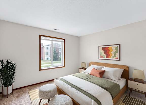 A bedroom with a bed, nightstand, and window.