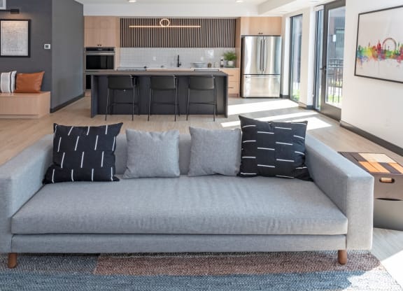 Living Area With Kitchen View at CityLine Apartments, Minneapolis, 55406