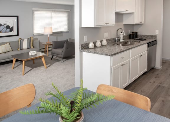 kitchen, dining overlooking living area