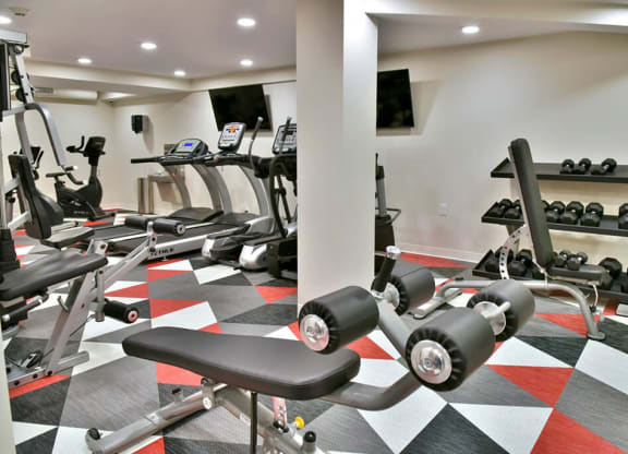 fitness room with weights and cardio machines