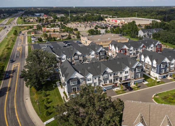 an aerial view of townhouses in a suburban neighborhood