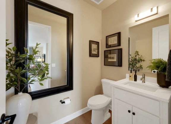 a bathroom with a mirror and a toilet and a sink
