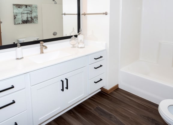 a bathroom with white cabinets and a white bathtub