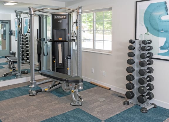 a home gym with a large mirror and exercise equipment