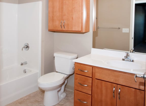 Carver Crossing Apartments Bathroom with Ample Storage with Wood Cabinetry
