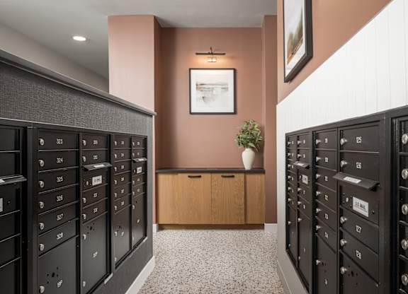 A hallway with a row of mailboxes on either side and a plant in the middle.