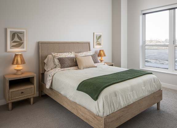 A bedroom with a large bed and two lamps.