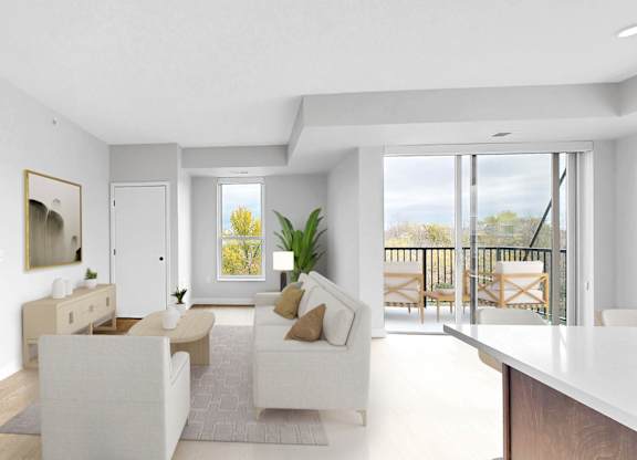 A modern living room with a white sofa set and a wooden floor.