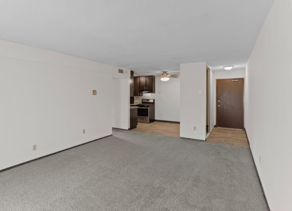 a living room with white walls and a gray carpet