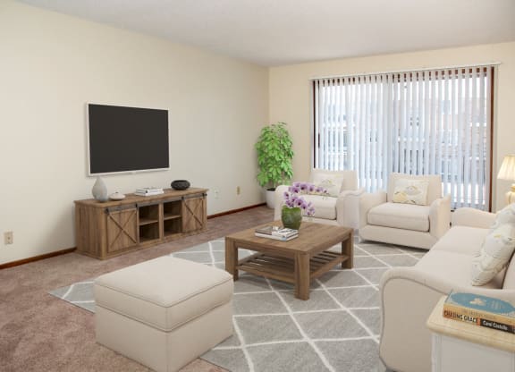 a living room with white furniture and a large window at Point of America Apartments, Brooklyn Park, MN 55443