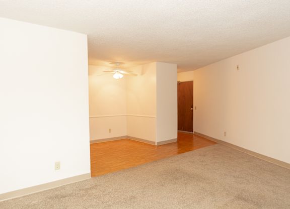 A room with a carpeted floor and a ceiling fan.