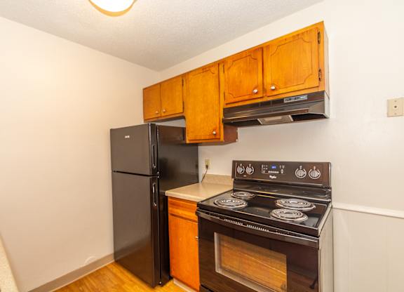 A kitchen with a black refrigerator, stove, and wooden cabinets.