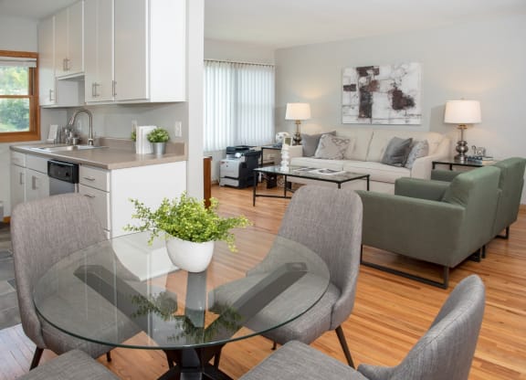 kitchen, dining and living room