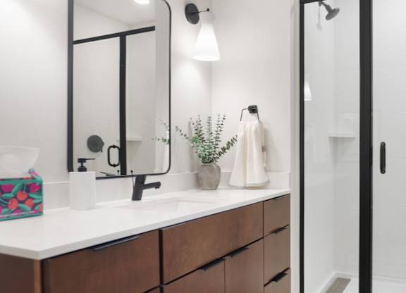 A bathroom with a white countertop and a mirror above it.