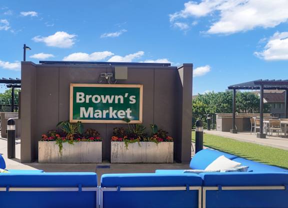 Brown's Market is a place with a blue seating area.