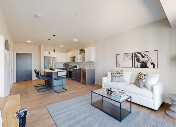 Living Room With Kitchen at The Exchange Apartments, New Brighton, MN