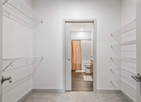 A white bathroom with a toilet and a shower curtain.