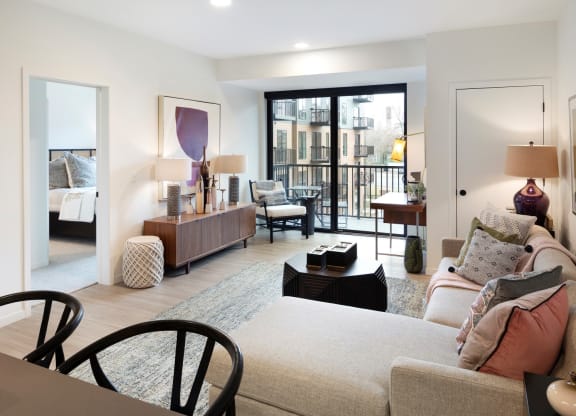Spacious living room with wood look flooring